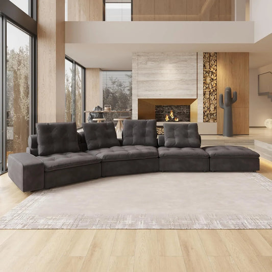 Deluxe Adjustable Cloud Sectional Sofas | Grey Frosted Velvet L shaped Sectionals 4-seaters with 1 Ottoman