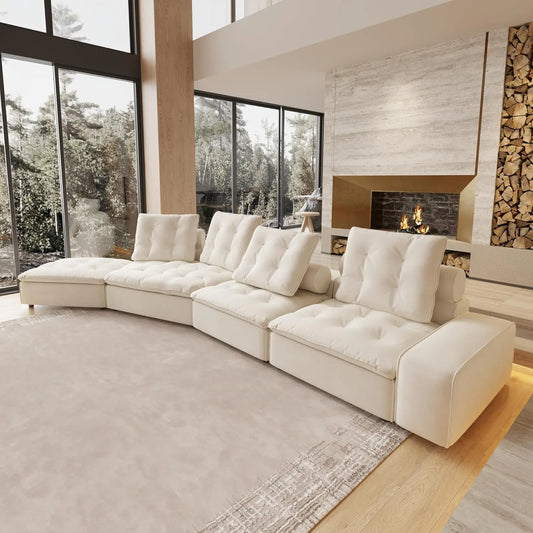Deluxe Adjustable Cloud Sectional Sofas | Beige Frosted Velvet L shaped Sectionals 4-seaters with 1 Ottoman