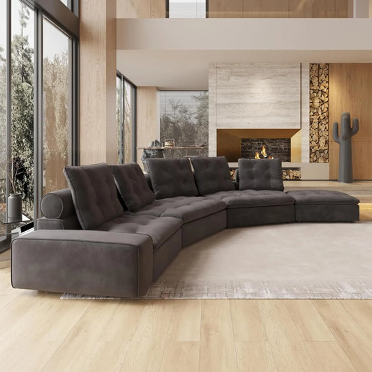 Deluxe Adjustable Cloud Sectional Sofas | Grey Frosted Velvet U shaped Sectionals 5-seaters with 1 Ottoman