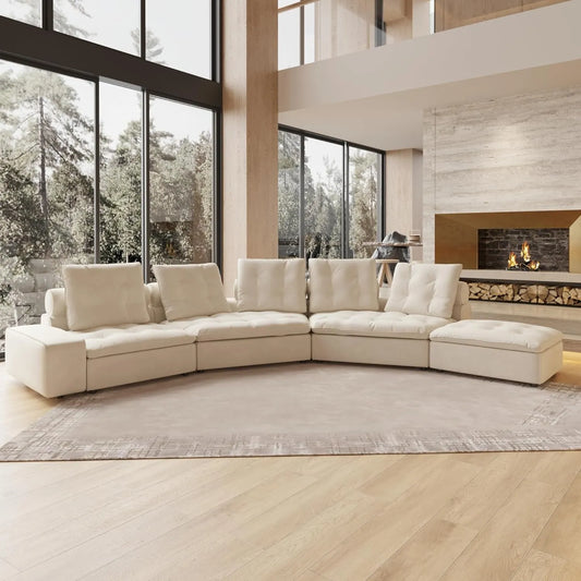 Deluxe Adjustable Cloud Sectional Sofas | Beige Frosted Velvet U shaped Sectionals 5-seaters with 1 Ottoman