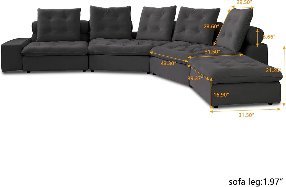 Deluxe Adjustable Cloud Sectional Sofas | Grey Frosted Velvet U shaped Sectionals 5-seaters with 1 Ottoman