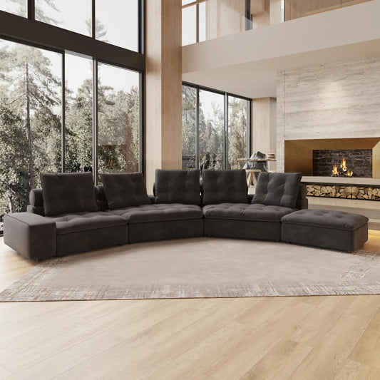 Deluxe Adjustable Cloud Sectional Sofas | Grey Frosted Velvet U shaped Sectionals 5-seaters with 1 Ottoman