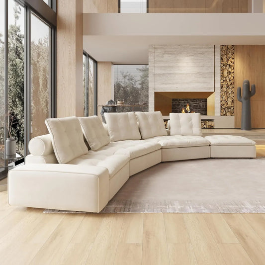 Deluxe Adjustable Cloud Sectional Sofas | Beige Frosted Velvet U shaped Sectionals 5-seaters with 1 Ottoman