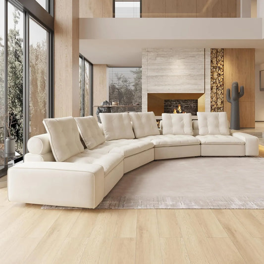 Deluxe Adjustable Cloud Sectional Sofas | Beige Frosted Velvet U shaped Sectionals 6-seaters
