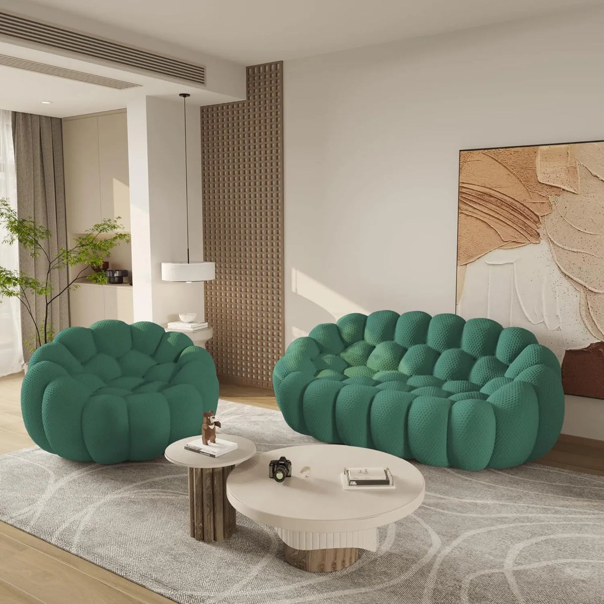 Seccionales Esenciales de 3 Plazas en Forma de L de Tela Tejida 3D Verde | 2 Piezas, Tela Tejida 3D, Ideal para Apartamentos