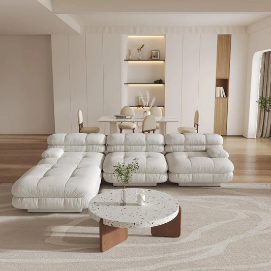 Matrix Italian Modular Sofas | Beige Teddy Velvet Couch Sectionals 3-seaters with 1 Ottoman