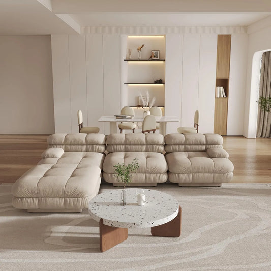 Matrix Italian Modular Sofas | Light Brown Teddy Velvet Couch Sectionals 3-seaters with 1 Ottoman