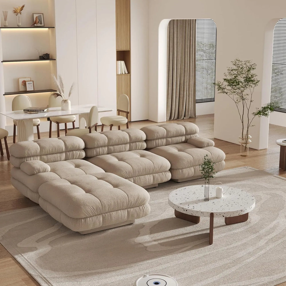 Matrix Italian Modular Sofas | Light Brown Teddy Velvet Couch Sectionals 3-seaters with 1 Ottoman
