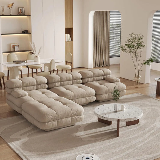 Matrix Italian Modular Sofas | Light Brown Teddy Velvet Couch Sectionals 3-seaters with 1 Ottoman