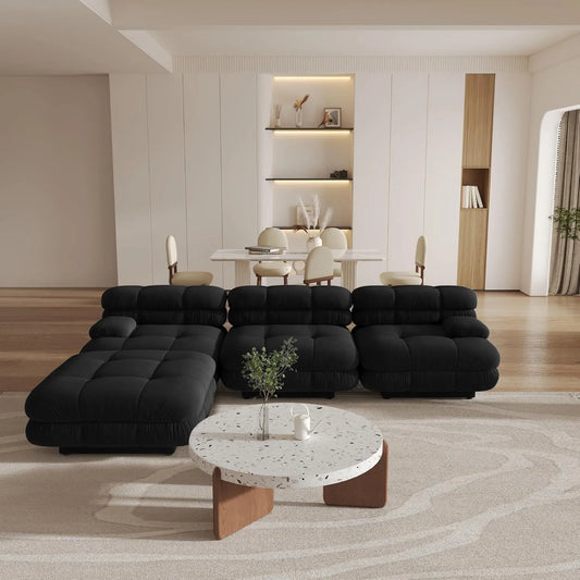 Matrix Italian Modular Sofas | Black Teddy Velvet Couch Sectionals 3-seaters with 1 Ottoman
