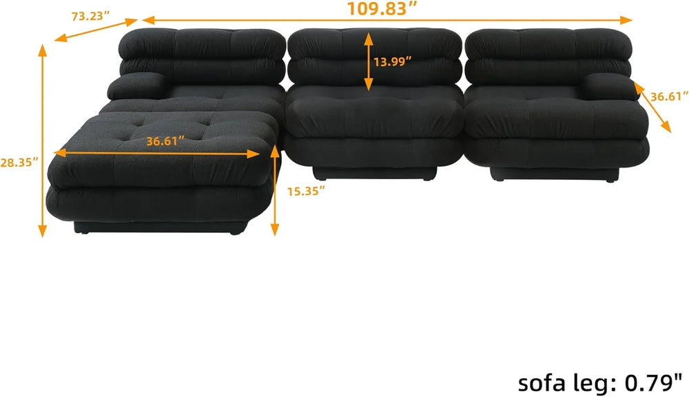 Matrix Italian Modular Sofas | Black Teddy Velvet Couch Sectionals 3-seaters with 1 Ottoman