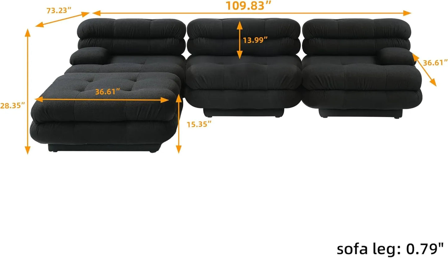Matrix Italian Modular Sofas | Black Teddy Velvet Couch Sectionals 3-seaters with 1 Ottoman