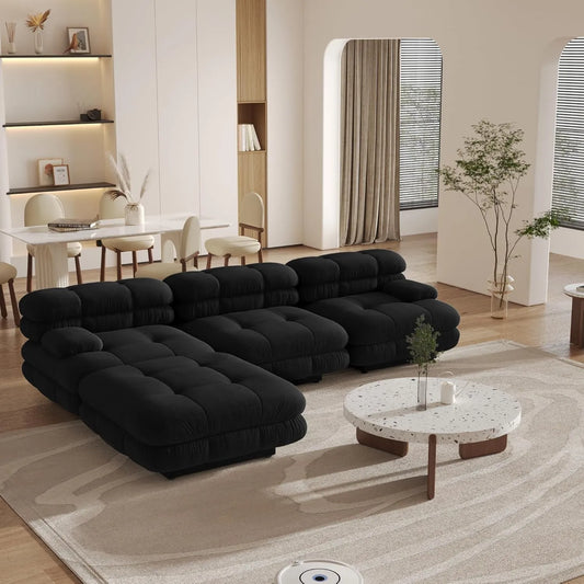Matrix Italian Modular Sofas | Black Teddy Velvet Couch Sectionals 3-seaters with 1 Ottoman