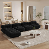 Matrix Italian Modular Sofas | Black Teddy Velvet L shaped Sectionals 4-seaters with 1 Ottoman