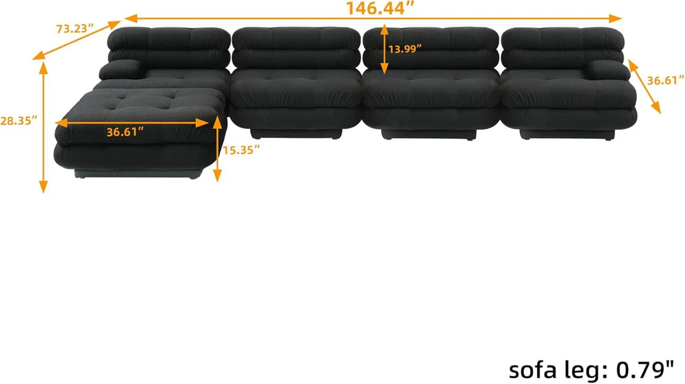 Matrix Italian Modular Sofas | Black Teddy Velvet L shaped Sectionals 4-seaters with 1 Ottoman