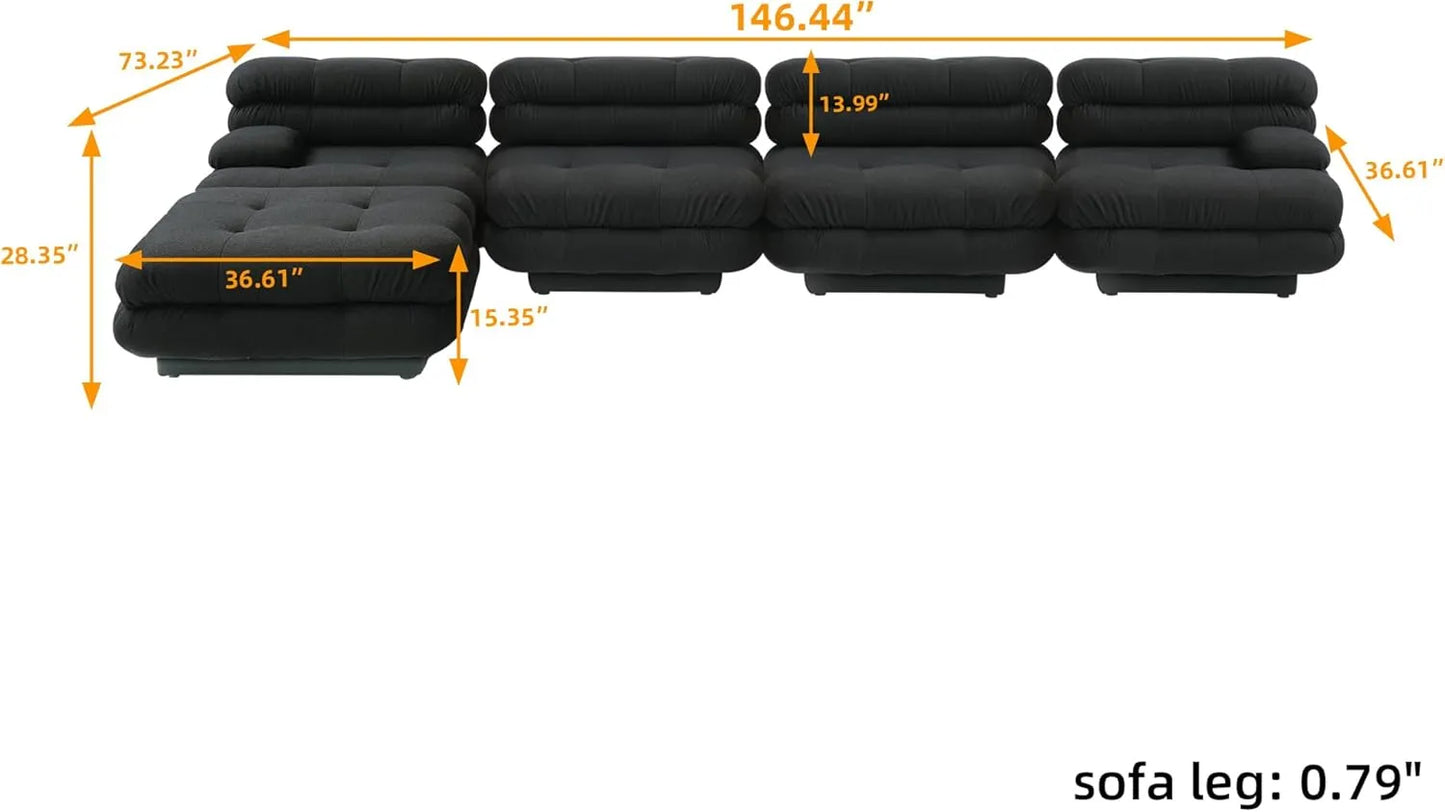 Matrix Italian Modular Sofas | Black Teddy Velvet L shaped Sectionals 4-seaters with 1 Ottoman