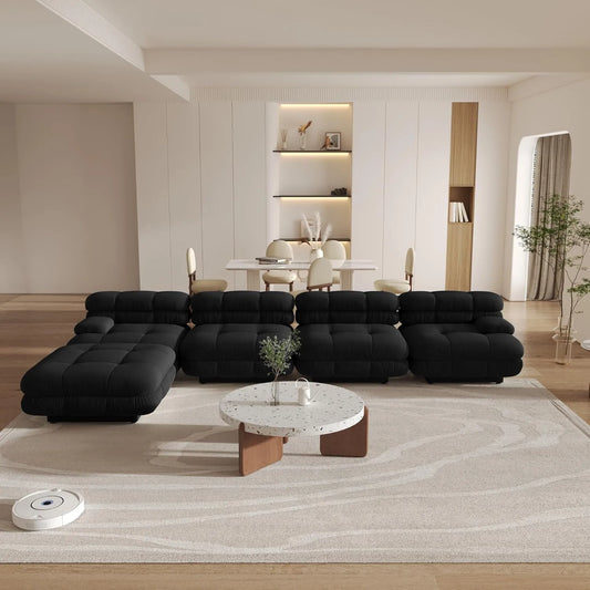 Matrix Italian Modular Sofas | Black Teddy Velvet L shaped Sectionals 4-seaters with 1 Ottoman