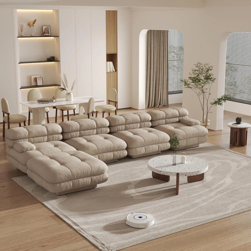 Matrix Italian Modular Sofas | Light Brown Teddy Velvet L shaped Sectionals 4-seaters with 1 Ottoman