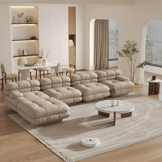 Matrix Italian Modular Sofas | Light Brown Teddy Velvet L shaped Sectionals 4-seaters with 1 Ottoman