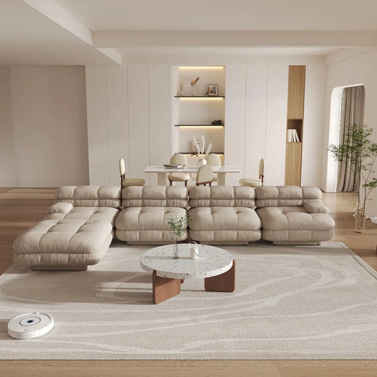 Matrix Italian Modular Sofas | Light Brown Teddy Velvet L shaped Sectionals 4-seaters with 1 Ottoman