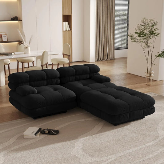 Matrix Italian Modular Sofas | Black Teddy Velvet Loveseats 2-seaters with 1 Ottoman