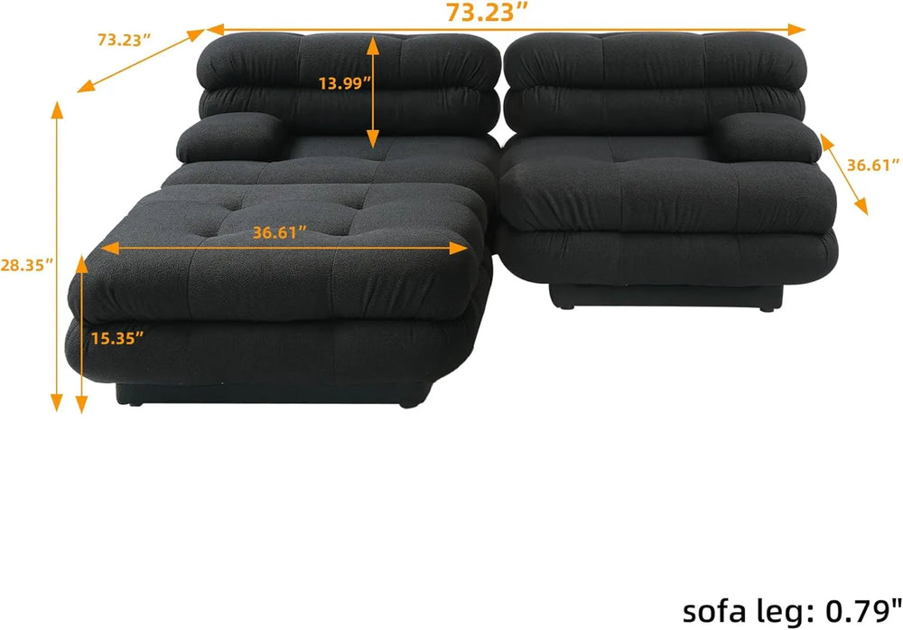 Matrix Italian Modular Sofas | Black Teddy Velvet Loveseats 2-seaters with 1 Ottoman