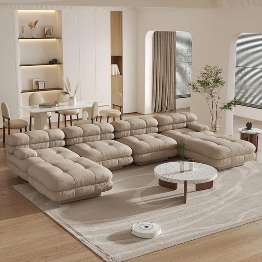 Matrix Italian Modular Sofas | Light Brown Teddy Velvet U shaped Sectionals 4-seaters