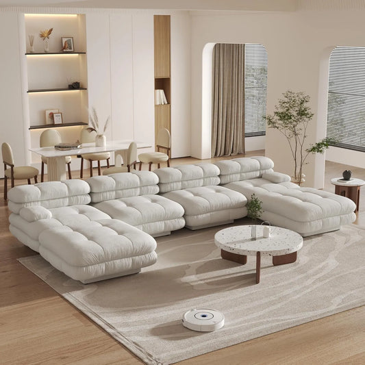 Matrix Italian Modular Sofas | Beige Teddy Velvet U shaped Sectionals 4-seaters