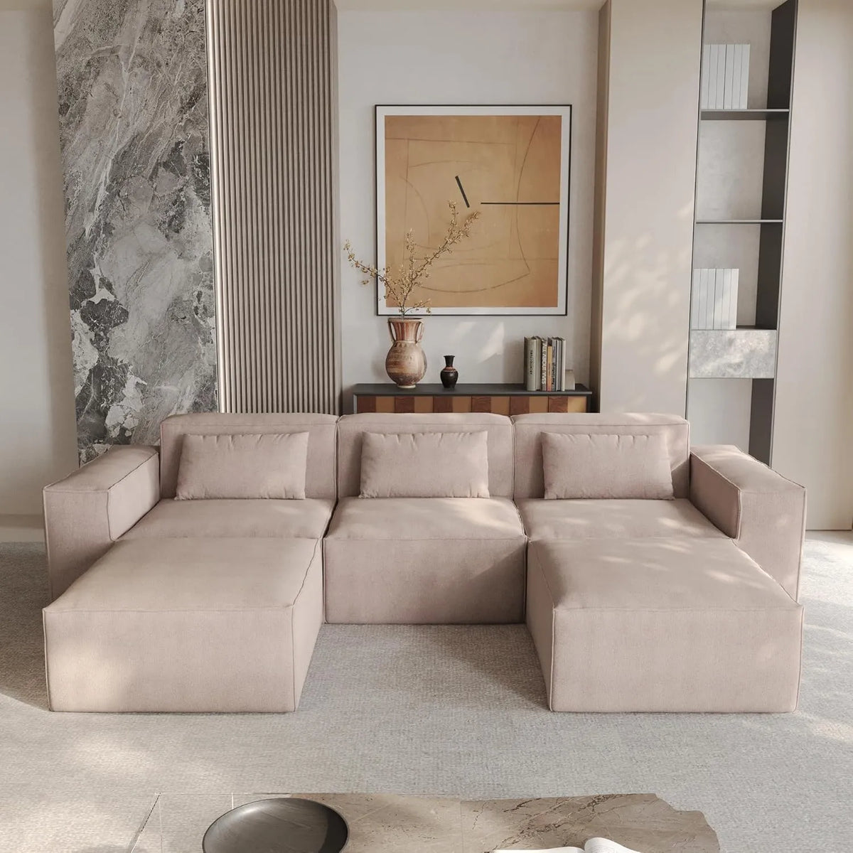 Sofá modular en forma de U Matrix de 3 plazas, color marrón | 5 piezas (incluye 2 otomanas), tela Cloud Velvet, gran capacidad
