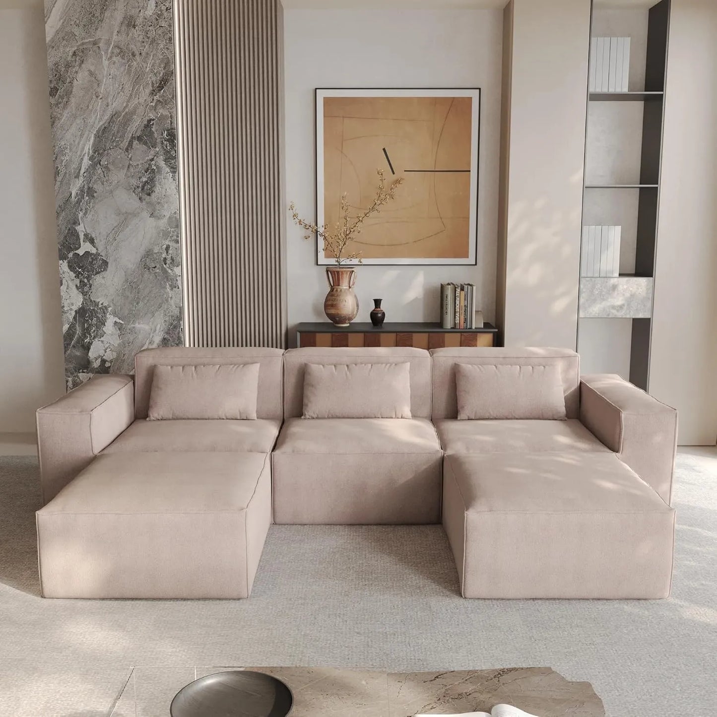 Matrix Classic Sectional Sofas | Brown Corduroy U shaped Sectionals 3-seaters With 2 Ottoman