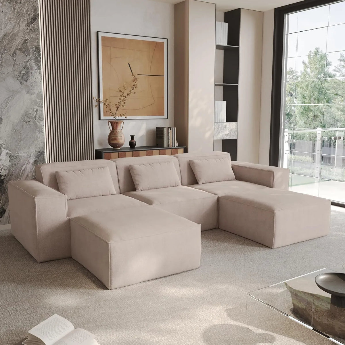 Sofá modular en forma de U Matrix de 3 plazas, color marrón | 5 piezas (incluye 2 otomanas), tela Cloud Velvet, gran capacidad