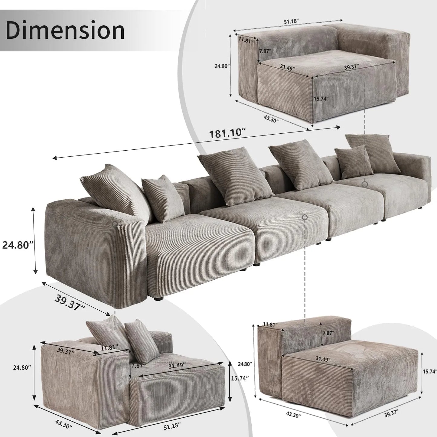 Matrix Modern Modular Sofas | Brown Corduroy Couch Sectionals 4-seaters