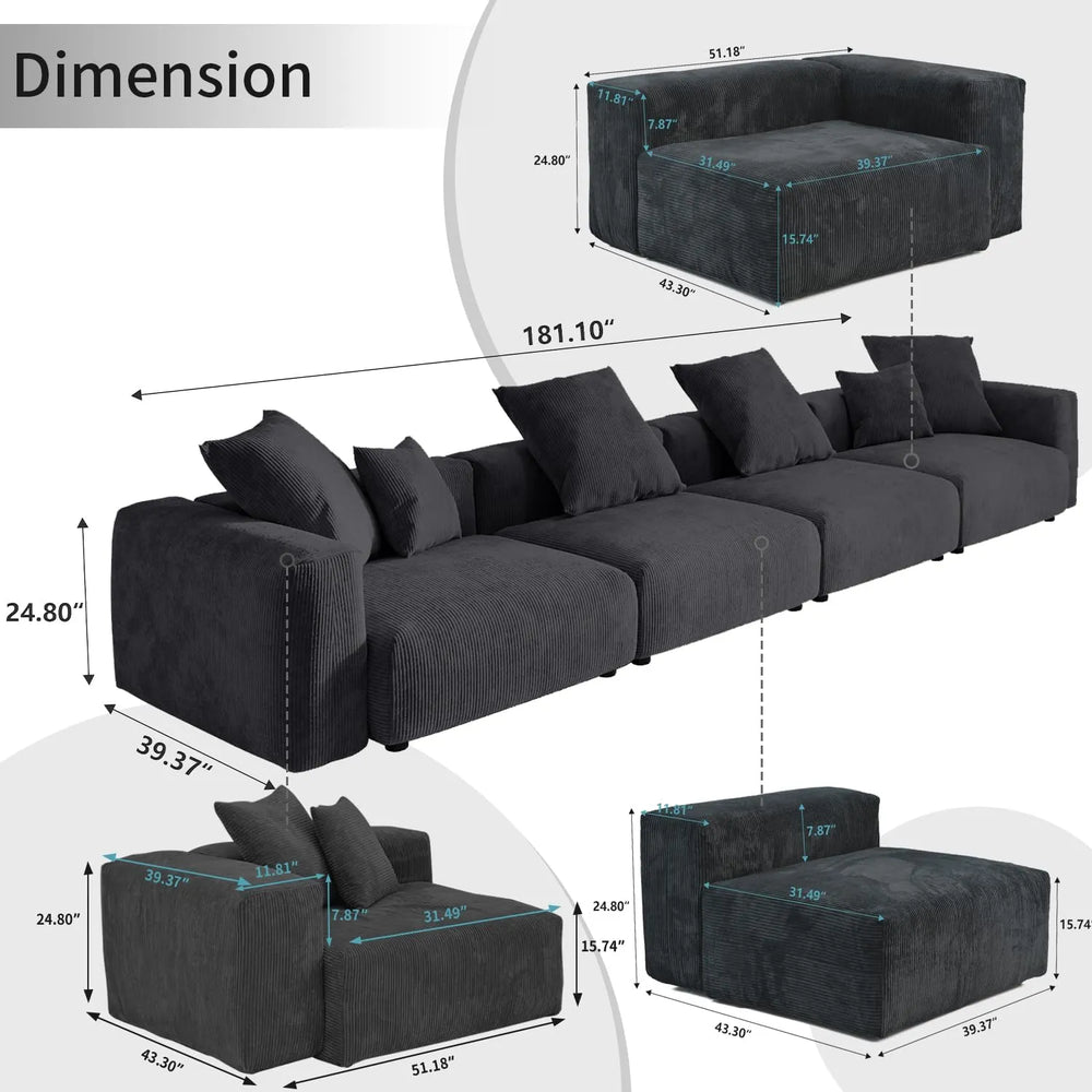 Matrix Modern Modular Sofas | Black Corduroy Couch Sectionals 4-seaters