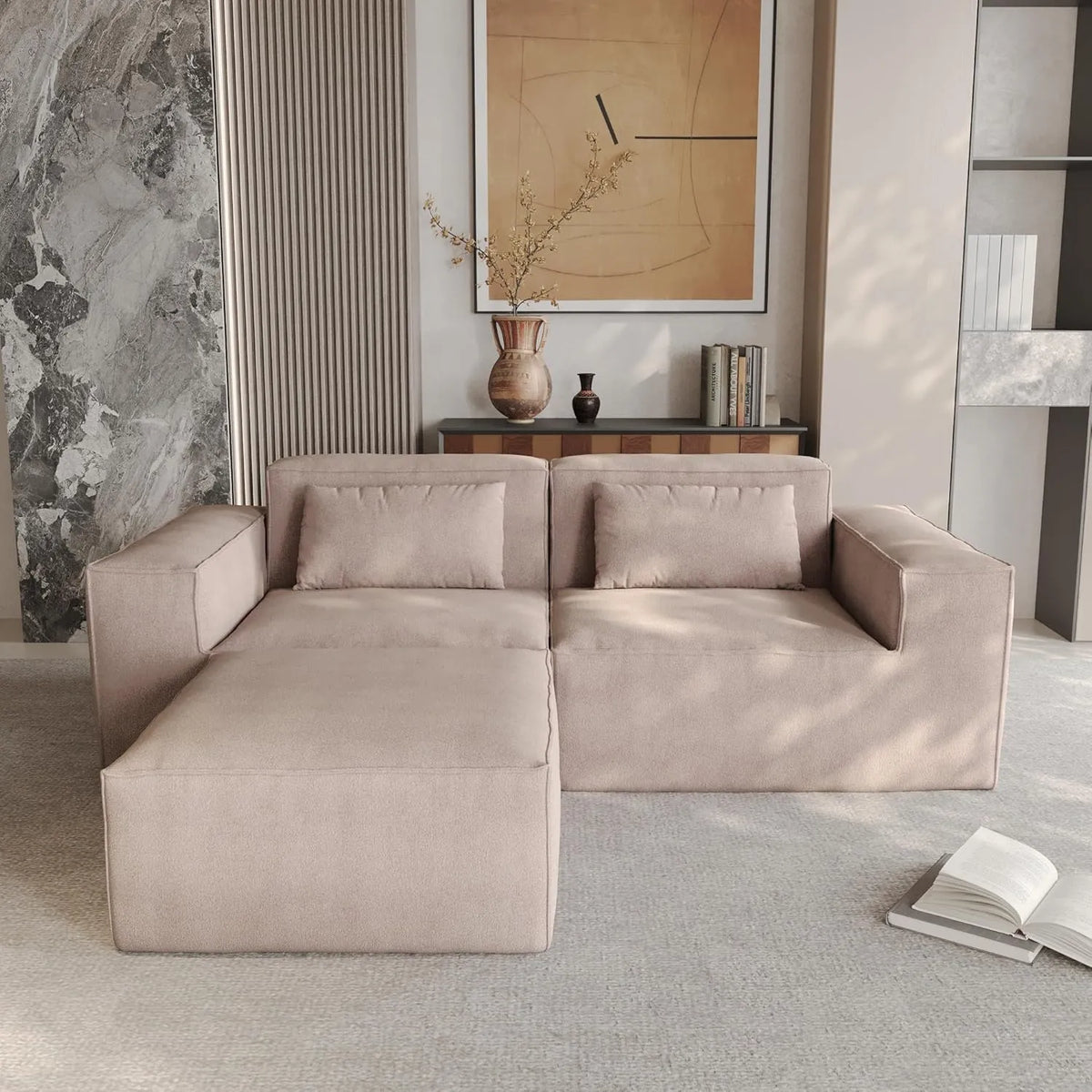 Matrix 2-Seater Brown Modular Chaise Sectional | 3-Piece (includes 1 Ottoman), Cloud Velvet Fabric, Small Space