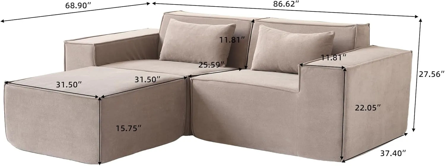 Sofá modular seccional Matrix de 2 plazas con chaise longue, color marrón | 3 piezas (incluye 1 otomana), tela Cloud Velvet, ideal para espacios pequeños.