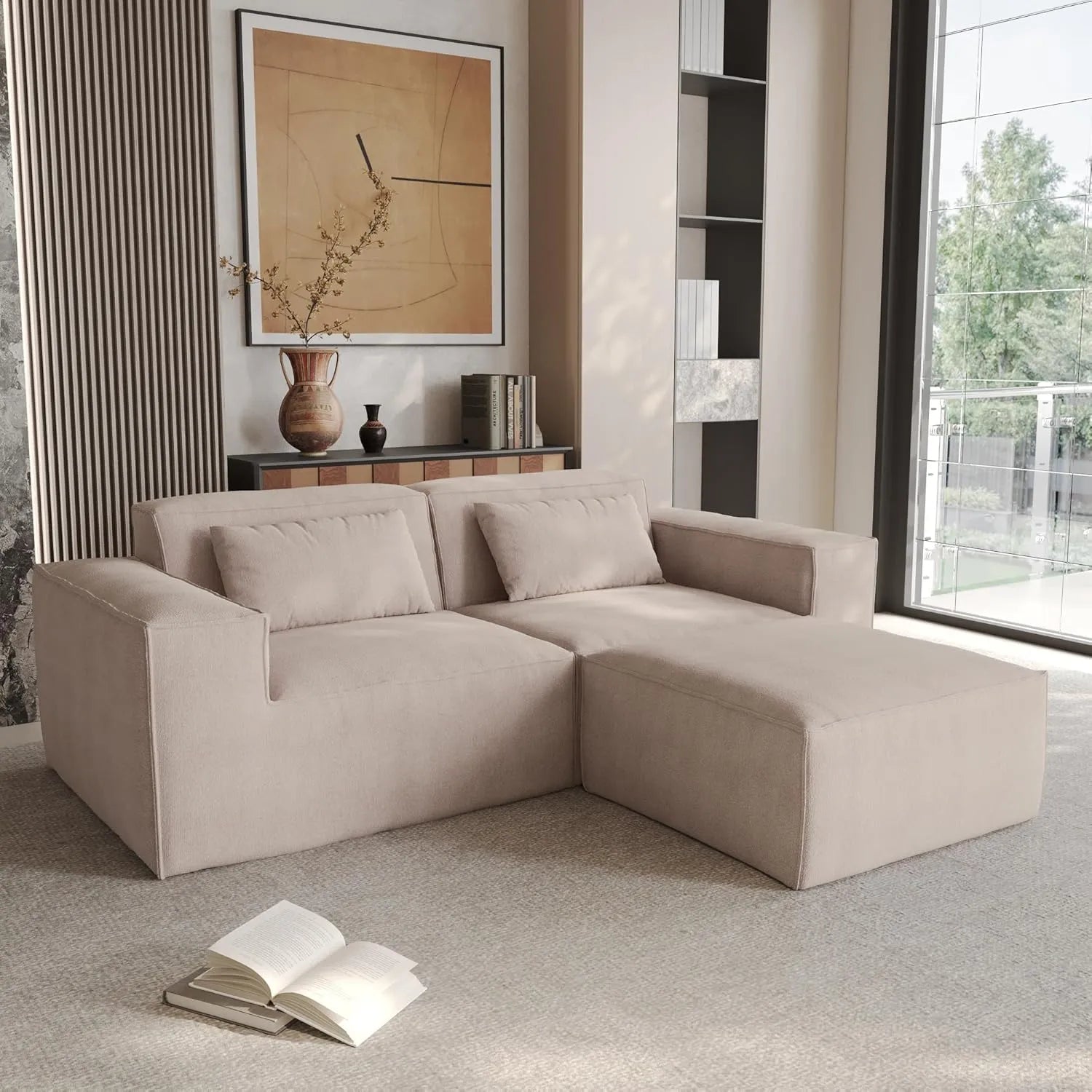 Sofá modular seccional Matrix de 2 plazas con chaise longue, color marrón | 3 piezas (incluye 1 otomana), tela Cloud Velvet, ideal para espacios pequeños.