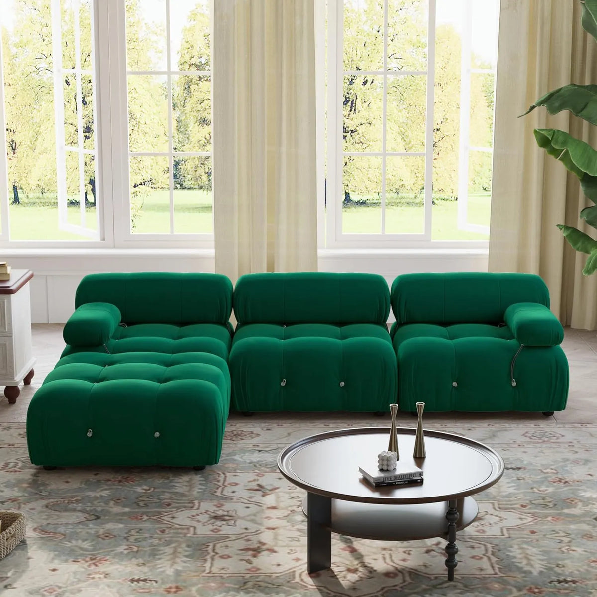 Matrix 3-Seater Green Modular L-Shaped Sectional | 4-Piece (includes 1 Ottoman), Velvet Fabric, Spacious Design