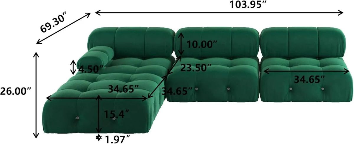 Matrix 3-Seater Green Modular L-Shaped Sectional | 4-Piece (includes 1 Ottoman), Velvet Fabric, Spacious Design