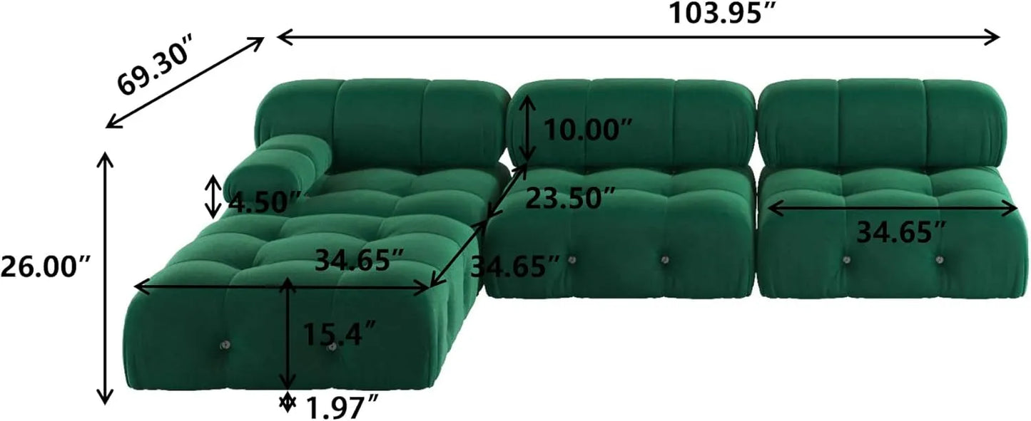Matrix Minimalist Modular Sofas | Green Velvet Couch Sectionals 3-seaters with 1 Ottoman