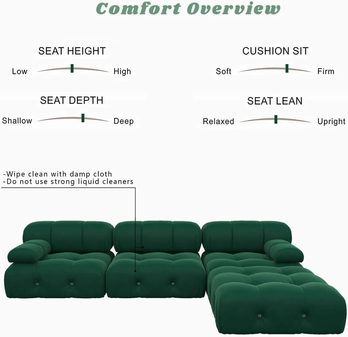 Matrix 3-Seater Green Modular L-Shaped Sectional | 4-Piece (includes 1 Ottoman), Velvet Fabric, Spacious Design