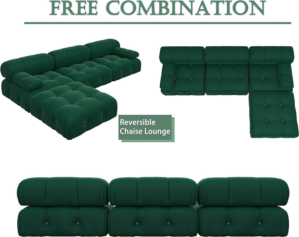 Matrix 3-Seater Green Modular L-Shaped Sectional | 4-Piece (includes 1 Ottoman), Velvet Fabric, Spacious Design