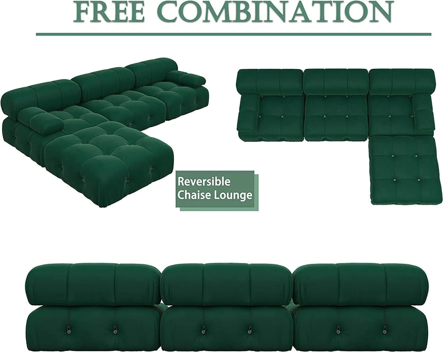 Matrix Minimalist Modular Sofas | Green Velvet Couch Sectionals 3-seaters with 1 Ottoman
