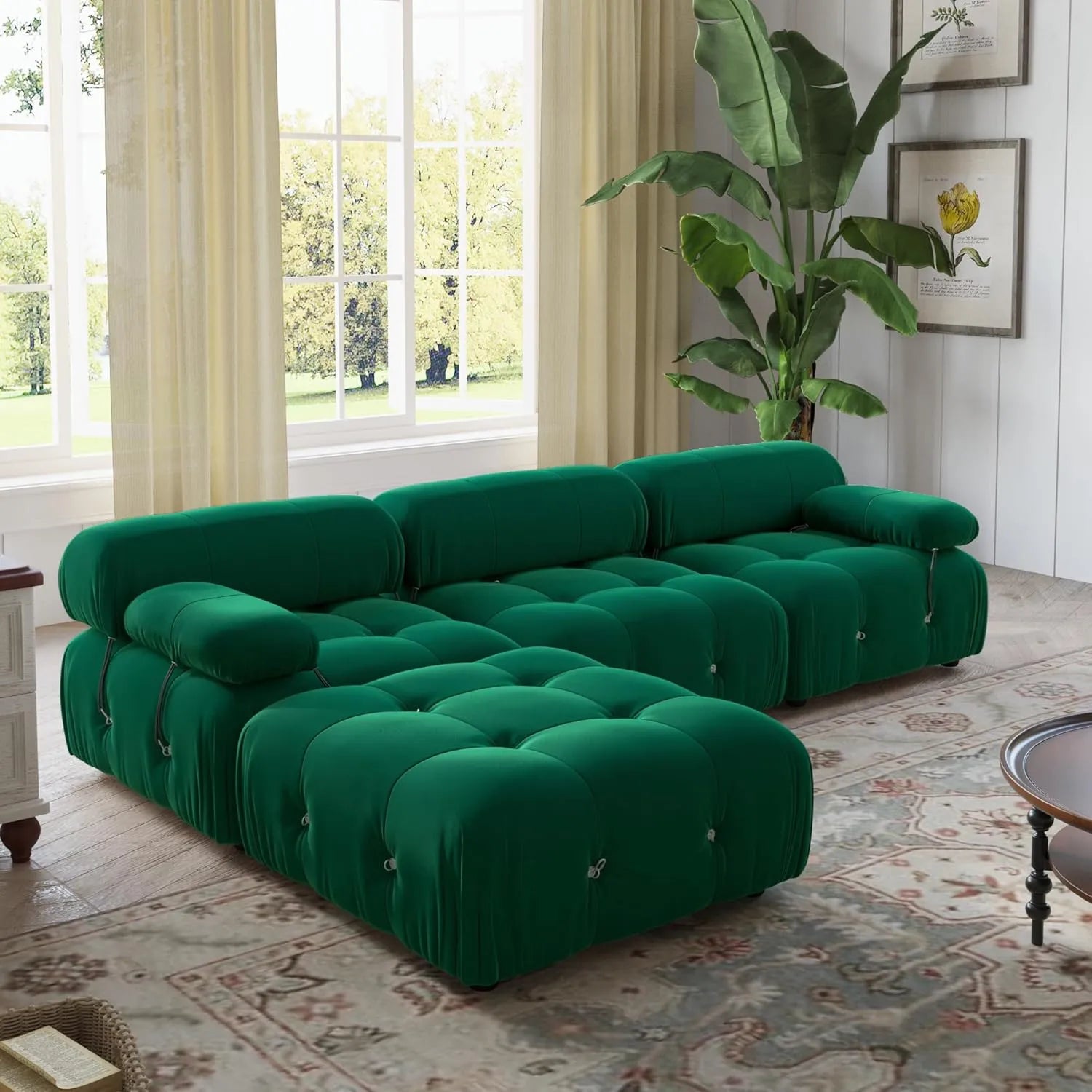 Matrix 3-Seater Green Modular L-Shaped Sectional | 4-Piece (includes 1 Ottoman), Velvet Fabric, Spacious Design