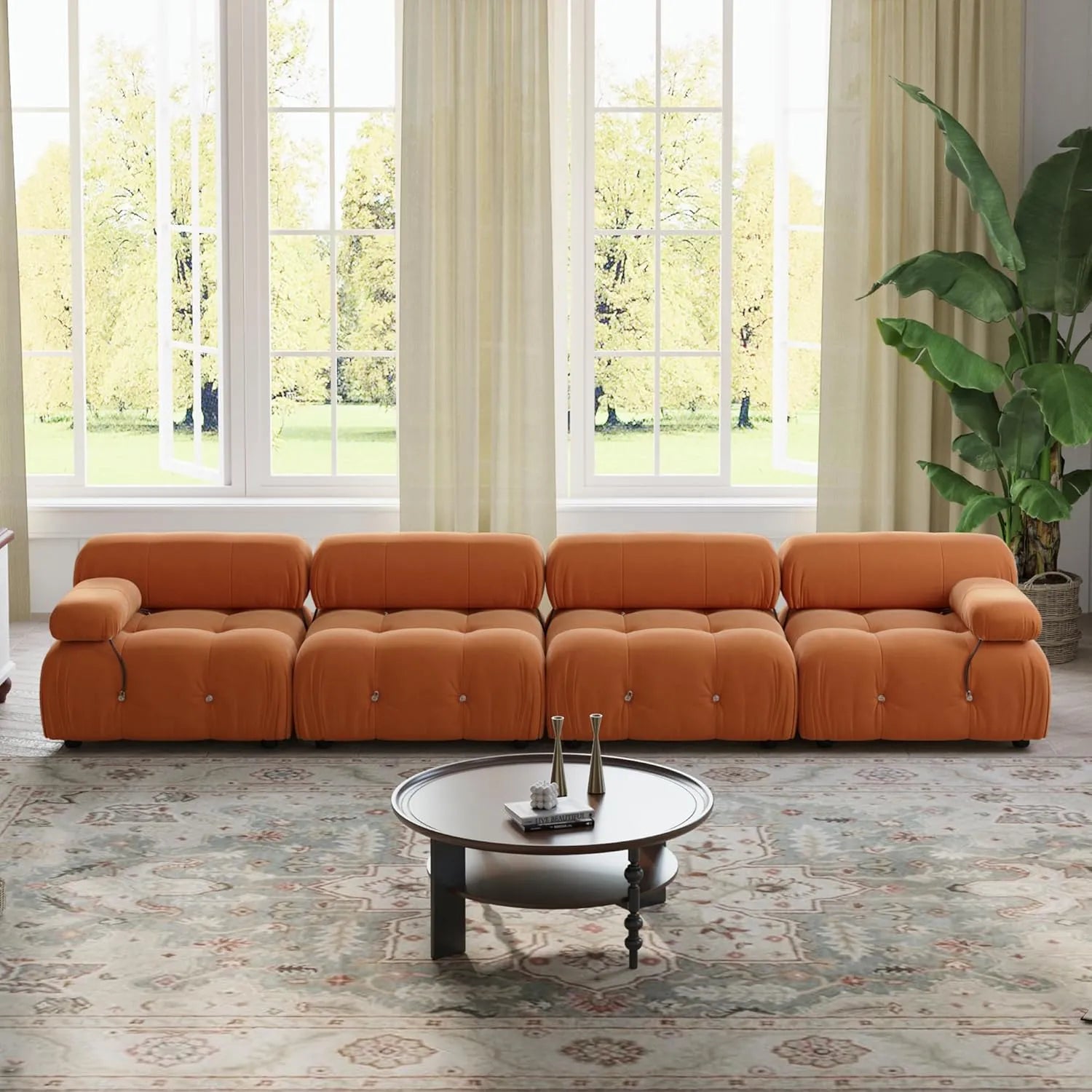 Sofá modular seccional Matrix de 4 plazas en color naranja oscuro | 4 piezas, tela de terciopelo, diseño espacioso