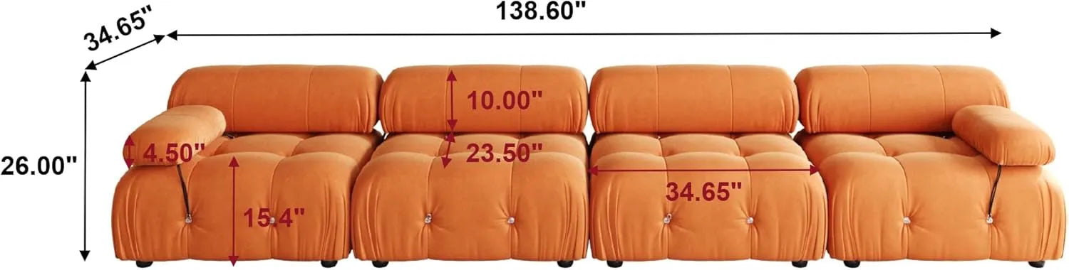 Sofá modular seccional Matrix de 4 plazas en color naranja oscuro | 4 piezas, tela de terciopelo, diseño espacioso