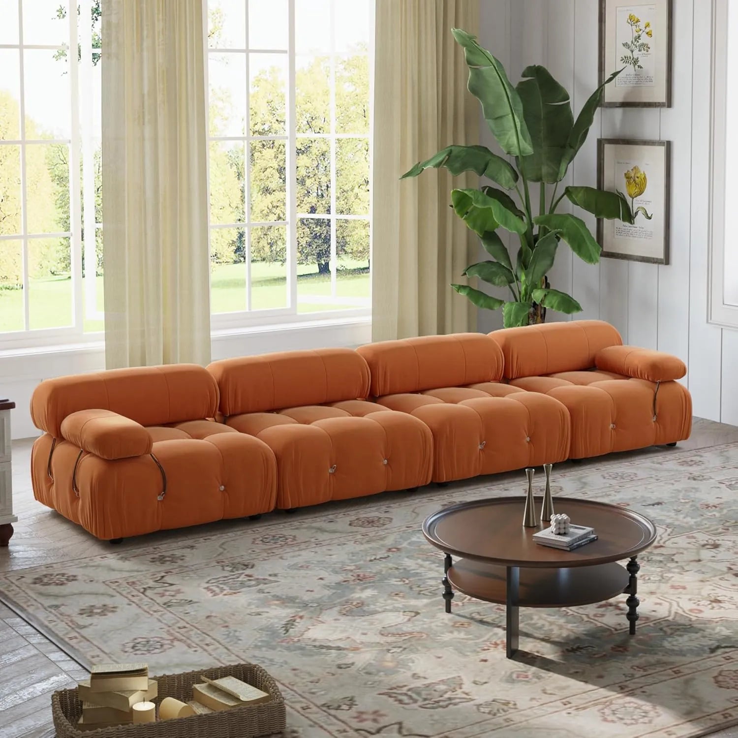 Sofá modular seccional Matrix de 4 plazas en color naranja oscuro | 4 piezas, tela de terciopelo, diseño espacioso