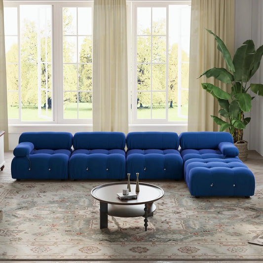 Matrix Minimalist Modular Sofas | Blue Velvet Couch Sectionals 4-seaters with 1 Ottoman