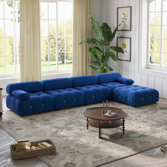 Matrix Minimalist Modular Sofas | Blue Velvet Couch Sectionals 4-seaters with 1 Ottoman