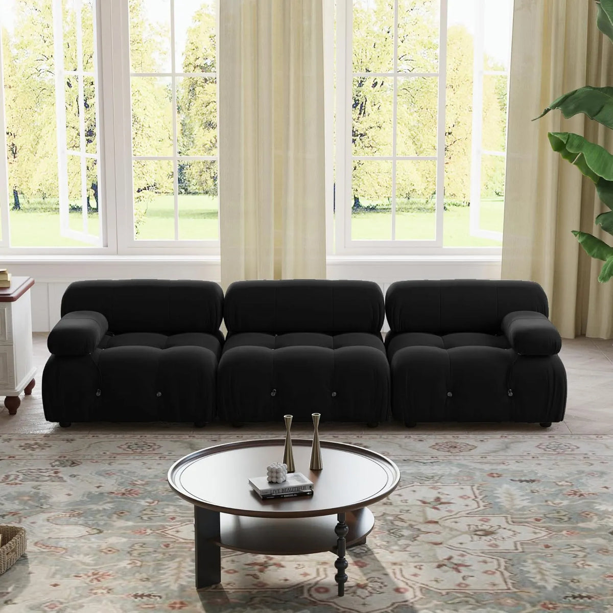 Matrix 3-Seater Black Modular Couch Sectional | 3-Piece, Velvet Fabric, Compact Design