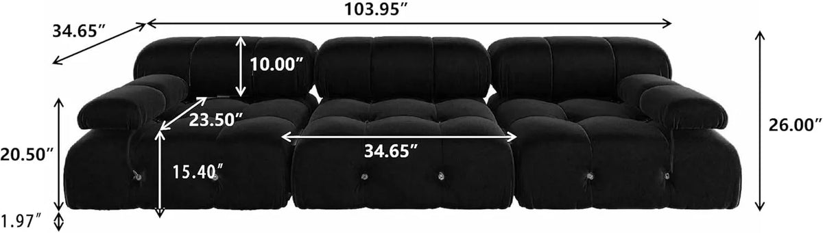 Matrix 3-Seater Black Modular Couch Sectional | 3-Piece, Velvet Fabric, Compact Design